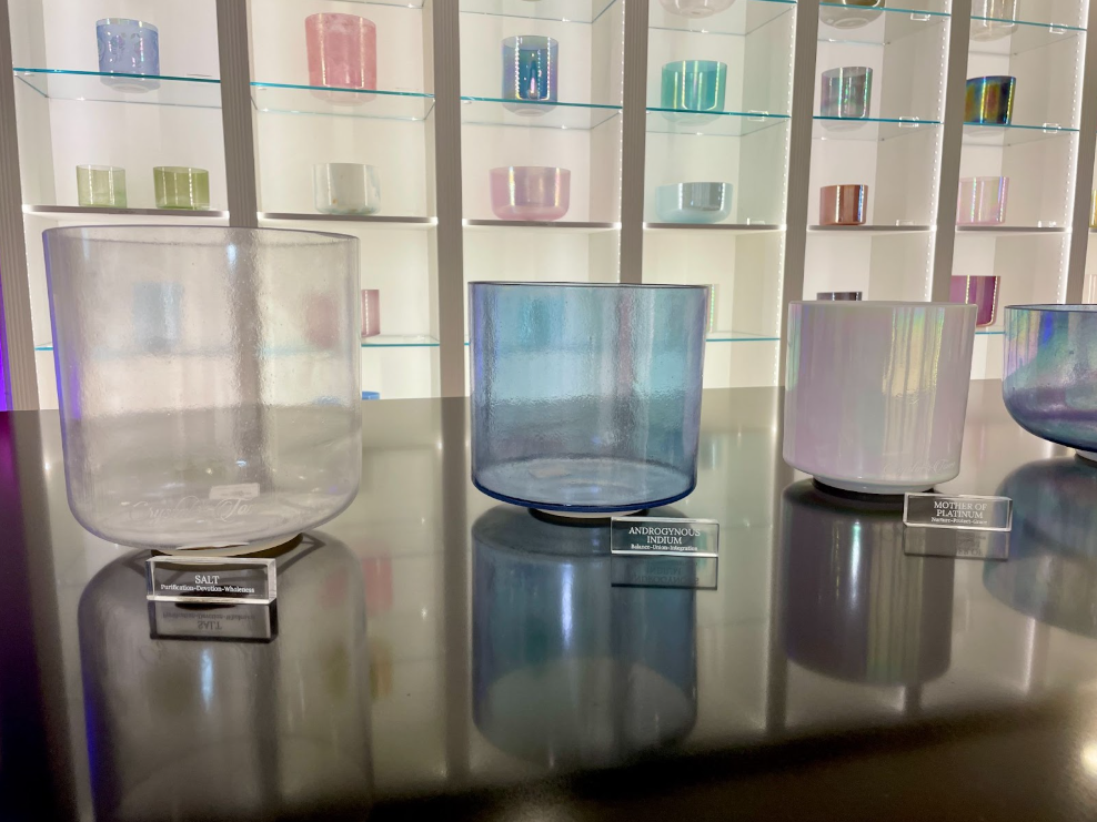 singing bowls display Different Crystal Alchemy Sound Bowls