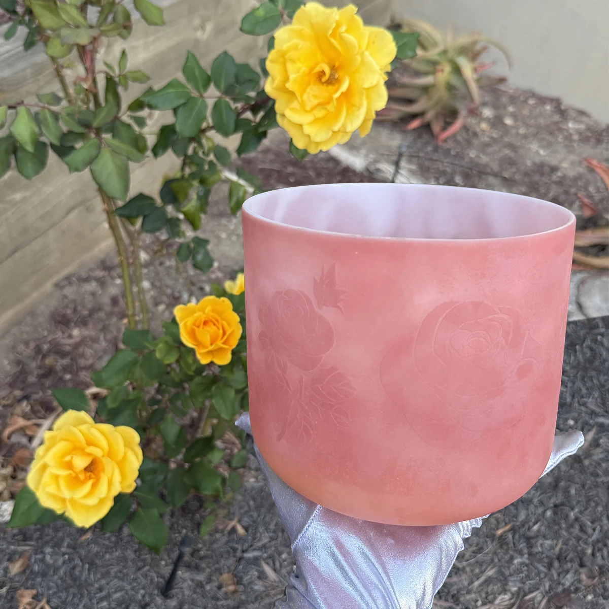 Rose Quartz W/ Etched Roses Frosted 7" E -15 Crystal Tones® Singing Bowl - Image 4