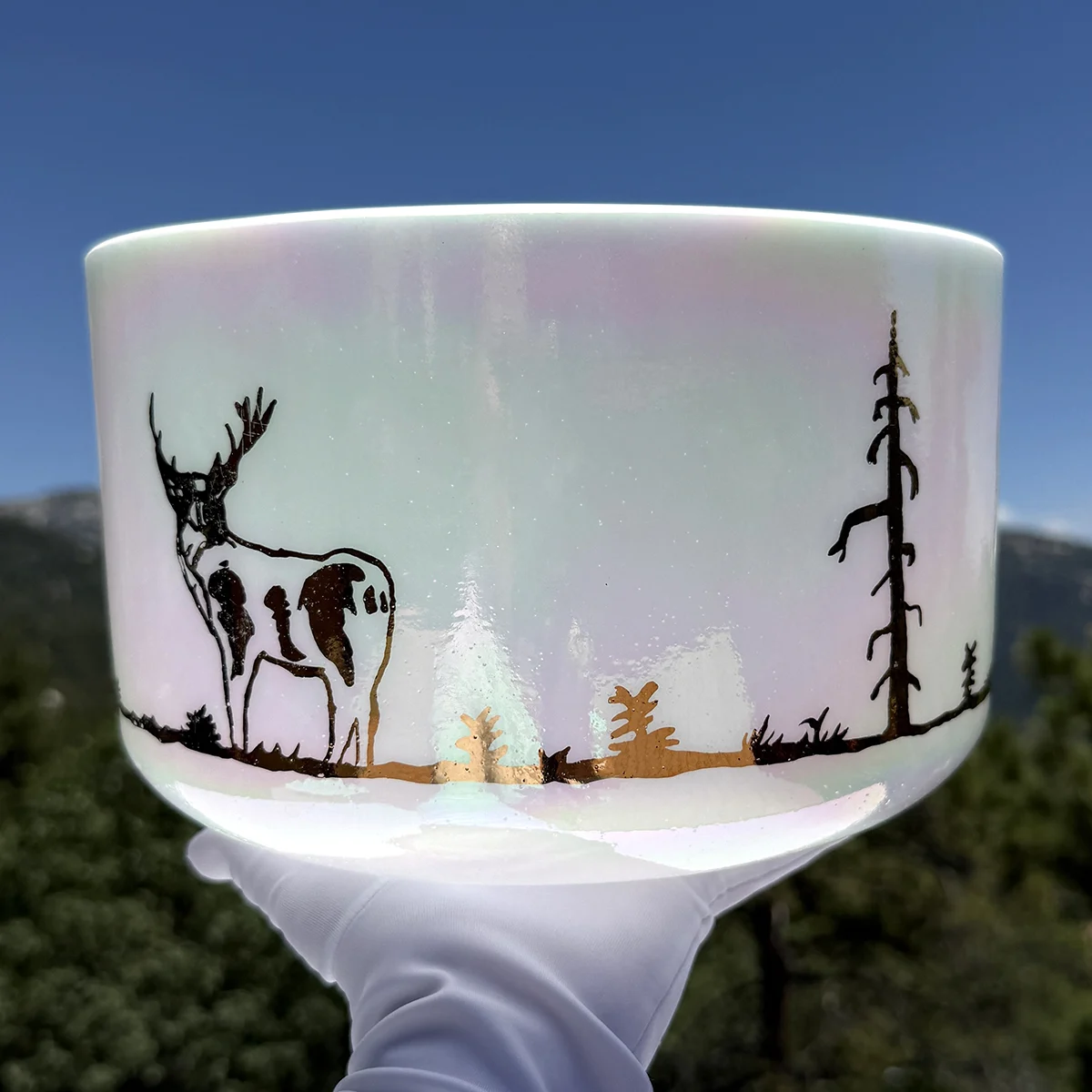 Mother of Platinum W/ Limited Edition Gold Deer Landscape 10" C -5 Crystal Tones® Singing Bowl - Image 3